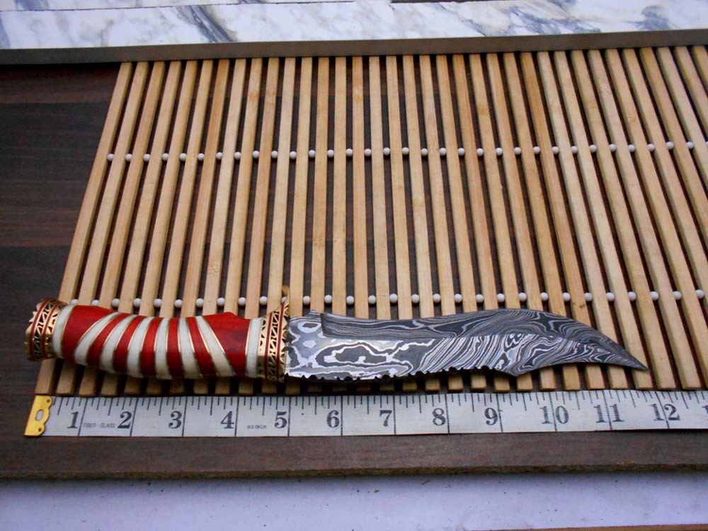 12" Long Damascus steel Hunting Bowie knife hand forged, exotic scale crafted with engraved brass, sliced camel bone and Wood W/brass spacer