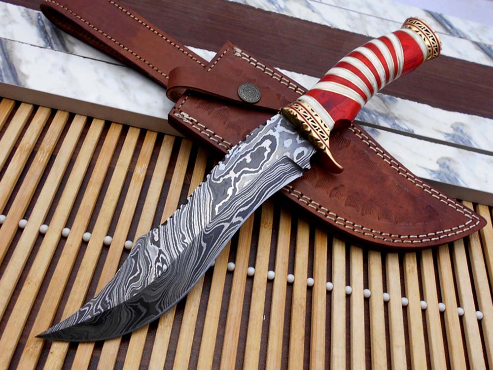 12" Long Damascus steel Hunting Bowie knife hand forged, exotic scale crafted with engraved brass, sliced camel bone and Wood W/brass spacer