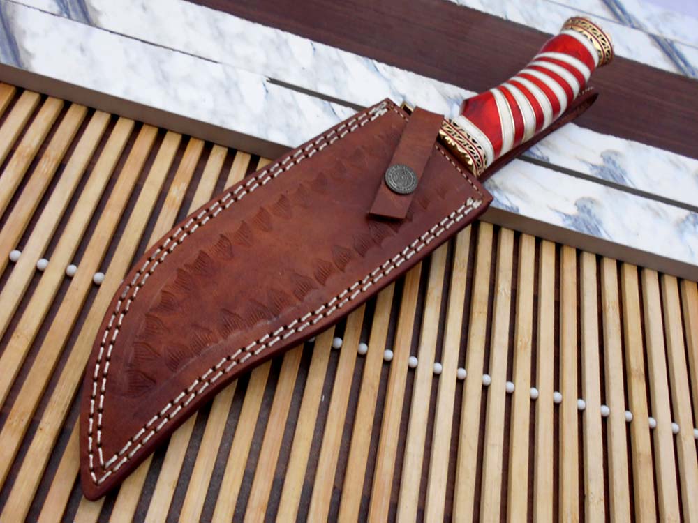 12" Long Damascus steel Hunting Bowie knife hand forged, exotic scale crafted with engraved brass, sliced camel bone and Wood W/brass spacer