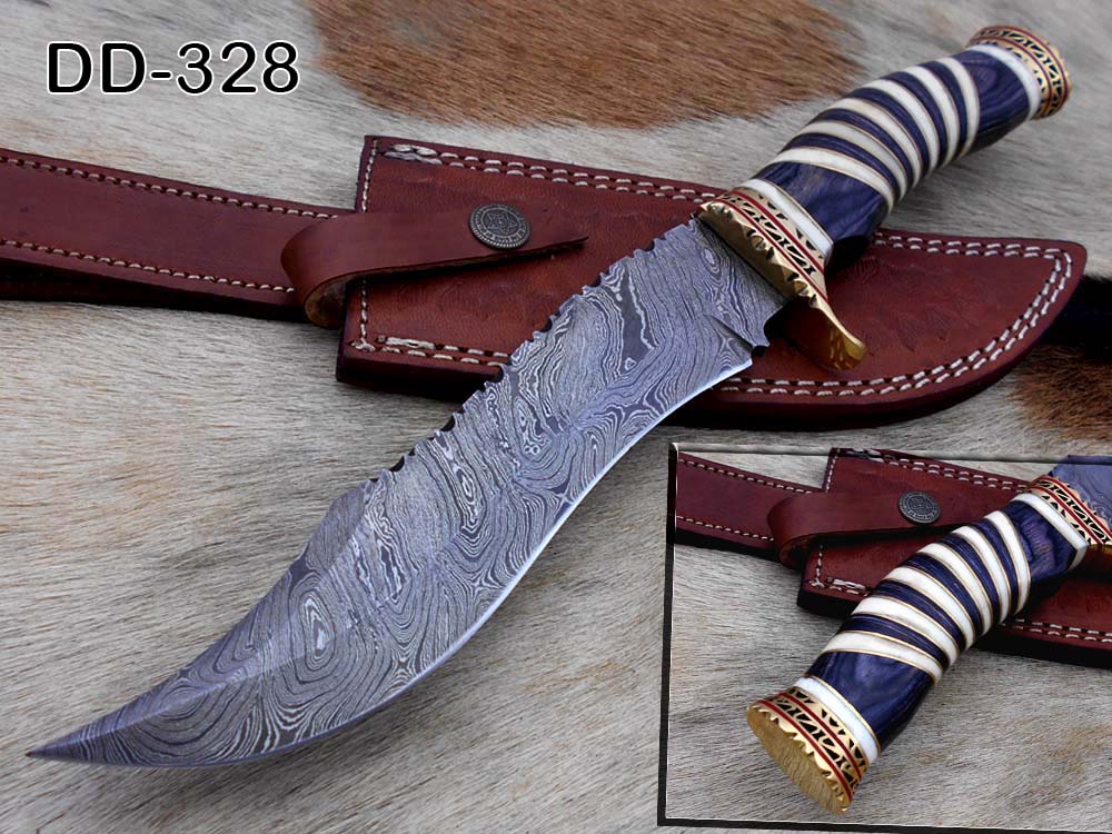 12" Long Damascus steel Hunting Bowie knife hand forged, exotic scale crafted with engraved brass, sliced camel bone and Wood W/brass spacer