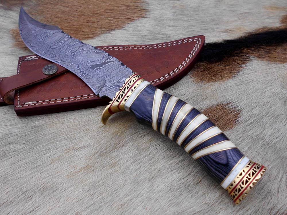 12" Long Damascus steel Hunting Bowie knife hand forged, exotic scale crafted with engraved brass, sliced camel bone and Wood W/brass spacer