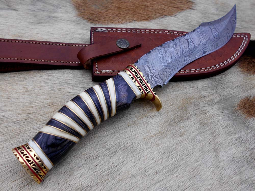 12" Long Damascus steel Hunting Bowie knife hand forged, exotic scale crafted with engraved brass, sliced camel bone and Wood W/brass spacer