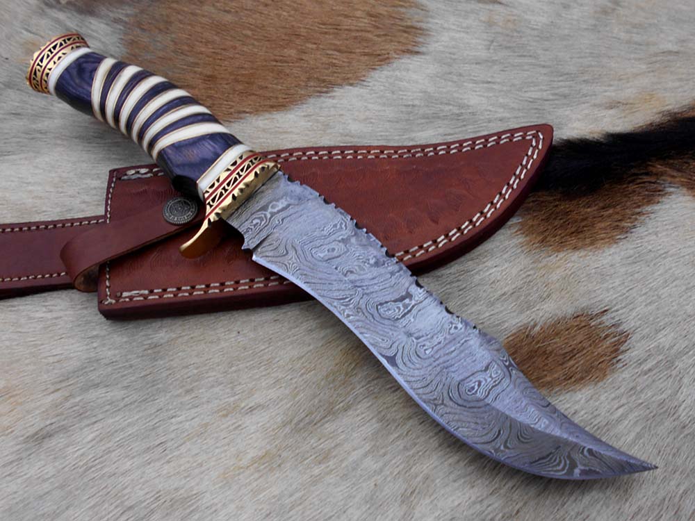 12" Long Damascus steel Hunting Bowie knife hand forged, exotic scale crafted with engraved brass, sliced camel bone and Wood W/brass spacer