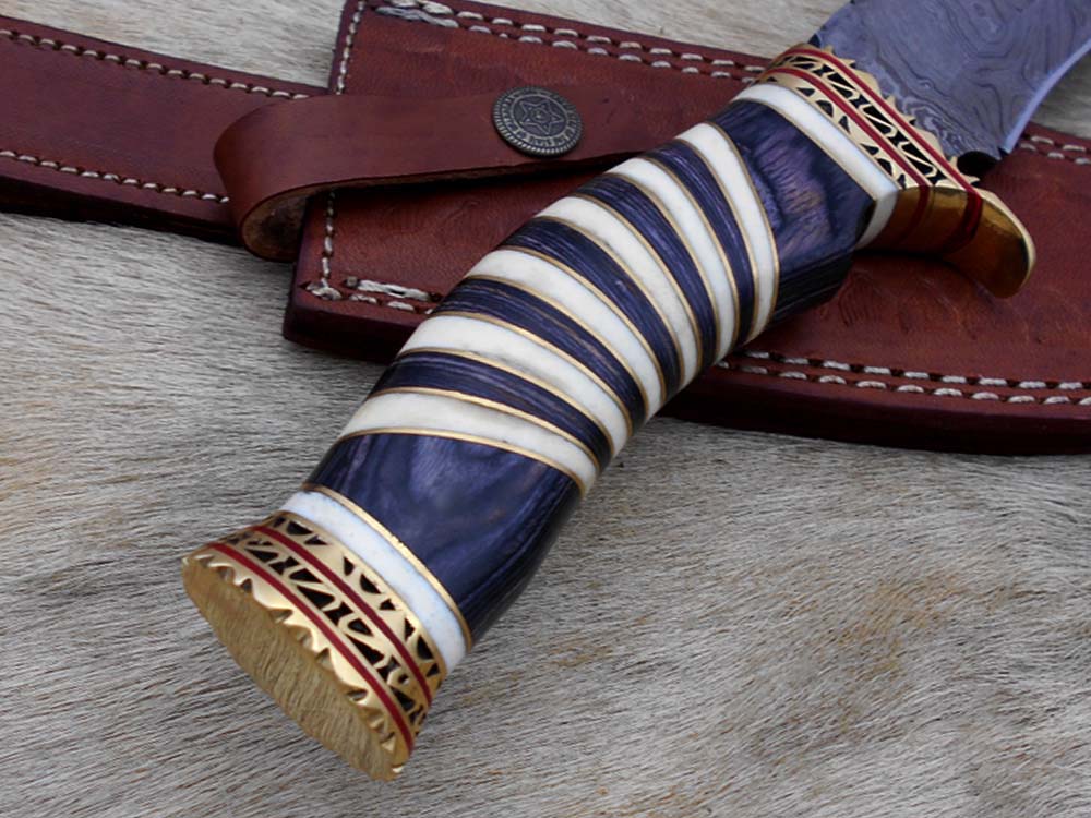 12" Long Damascus steel Hunting Bowie knife hand forged, exotic scale crafted with engraved brass, sliced camel bone and Wood W/brass spacer