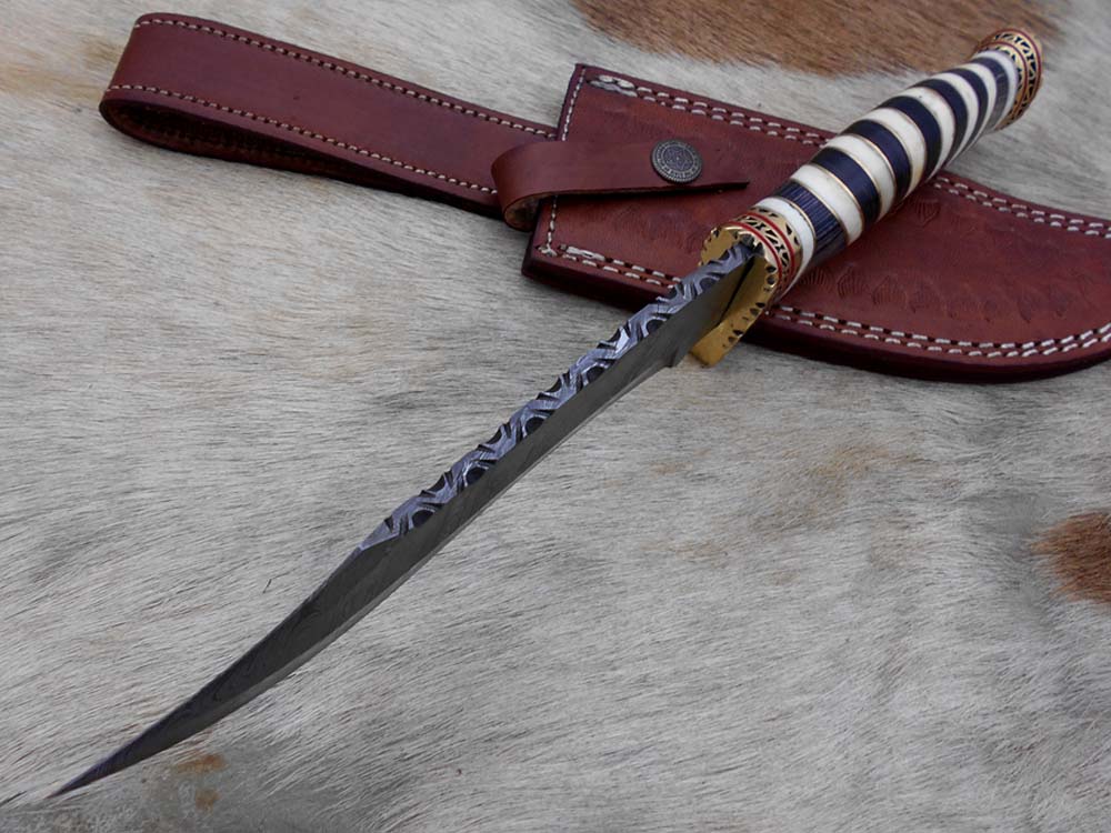12" Long Damascus steel Hunting Bowie knife hand forged, exotic scale crafted with engraved brass, sliced camel bone and Wood W/brass spacer
