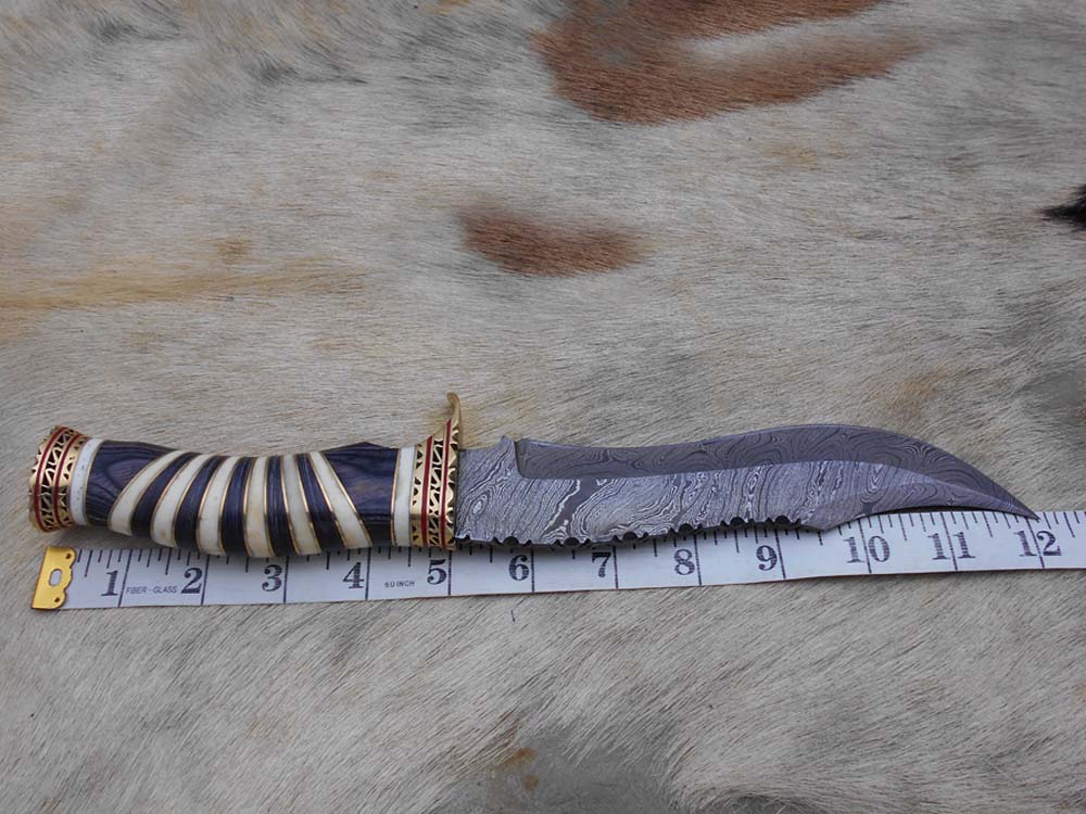12" Long Damascus steel Hunting Bowie knife hand forged, exotic scale crafted with engraved brass, sliced camel bone and Wood W/brass spacer