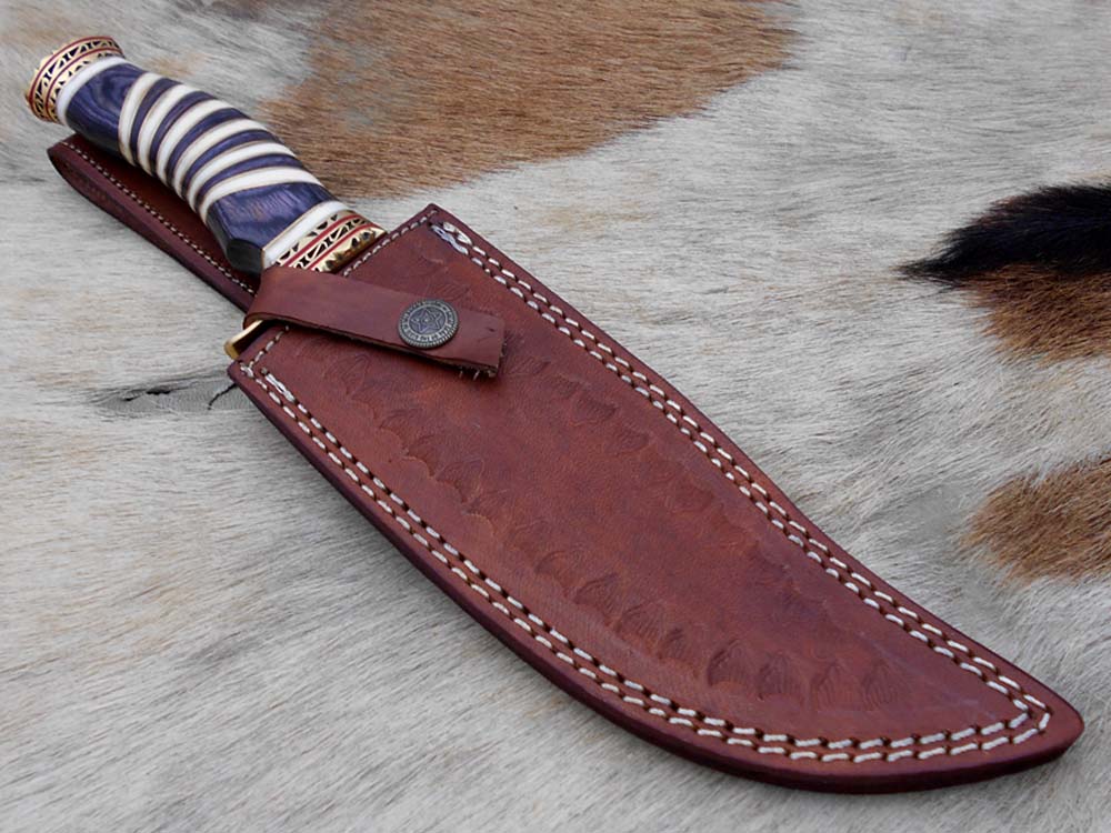 12" Long Damascus steel Hunting Bowie knife hand forged, exotic scale crafted with engraved brass, sliced camel bone and Wood W/brass spacer