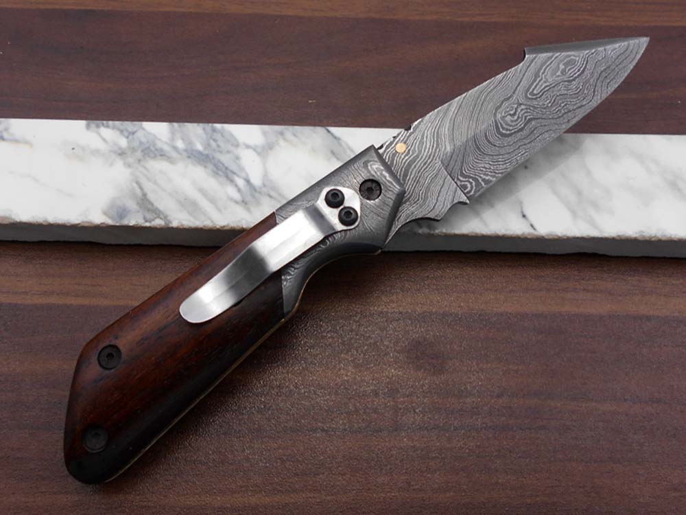 Damascus steel 7.5" long Folding Knife Bull horn with Damascus bolster pocket clip scale, custom made Hand Forged blade cow leather sheath