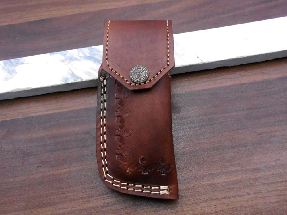 Damascus steel 7.5" long Folding Knife Bull horn with Damascus bolster pocket clip scale, custom made Hand Forged blade cow leather sheath