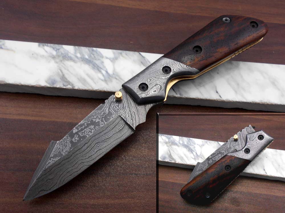 Damascus steel 7.5" long Folding Knife Bull horn with Damascus bolster pocket clip scale, custom made Hand Forged blade cow leather sheath