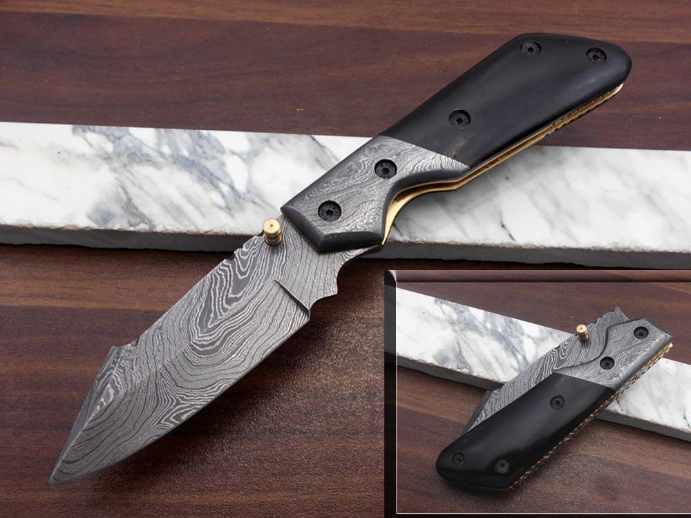 Damascus steel 7.5" long Folding Knife Bull horn with Damascus bolster pocket clip scale, custom made Hand Forged blade cow leather sheath