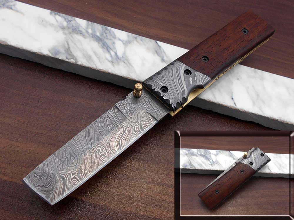 7.5" long Damascus steel Tanto blade folding knife, 6 natural scale with Damascus bolster, cow leather sheath W/ belt loop included