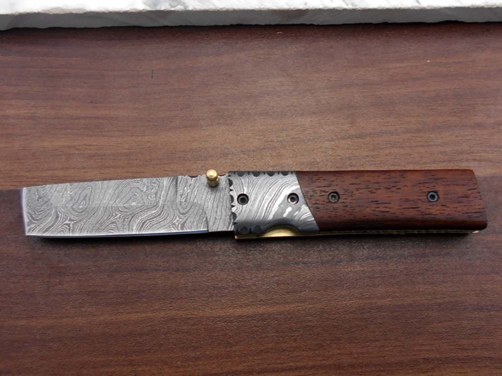 7.5" long Damascus steel Tanto blade folding knife, 6 natural scale with Damascus bolster, cow leather sheath W/ belt loop included