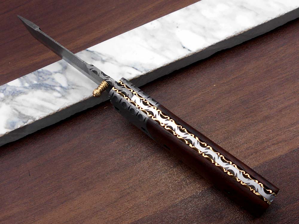 7.5" long Damascus steel Tanto blade folding knife, 6 natural scale with Damascus bolster, cow leather sheath W/ belt loop included