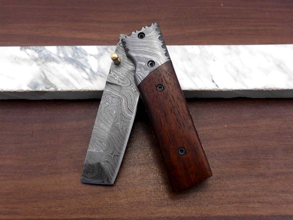 7.5" long Damascus steel Tanto blade folding knife, 6 natural scale with Damascus bolster, cow leather sheath W/ belt loop included