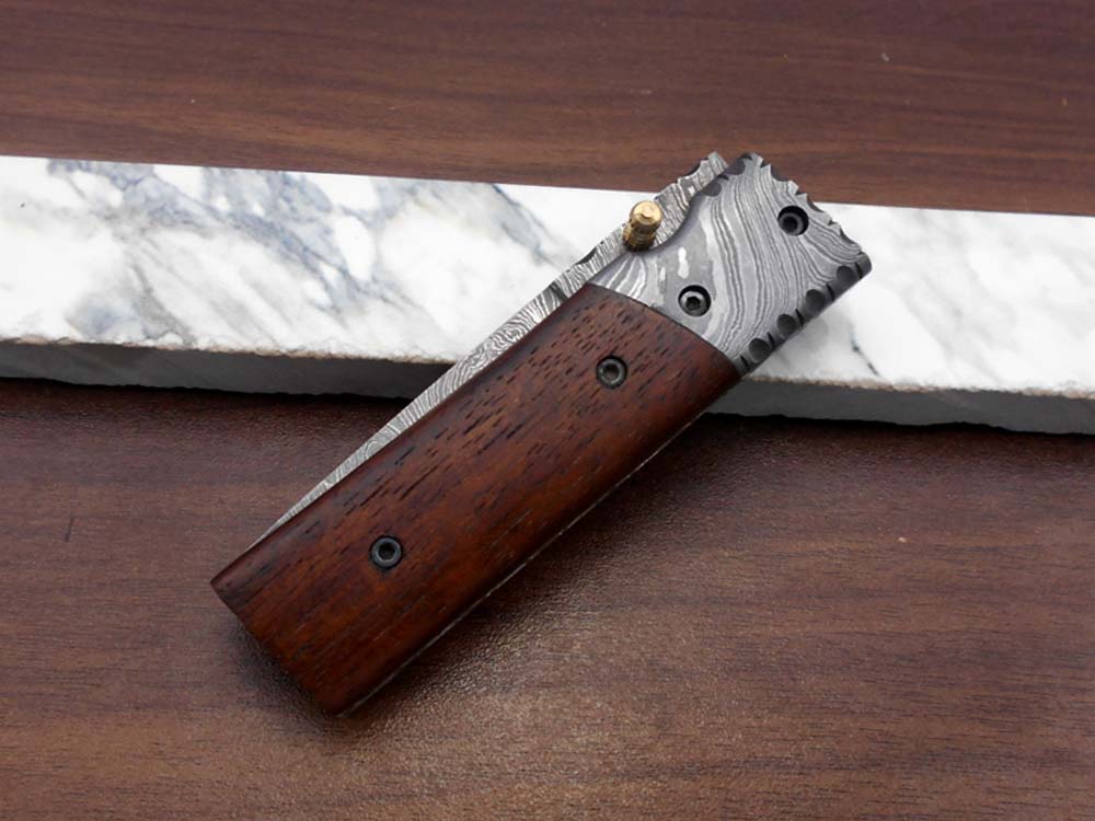 7.5" long Damascus steel Tanto blade folding knife, 6 natural scale with Damascus bolster, cow leather sheath W/ belt loop included