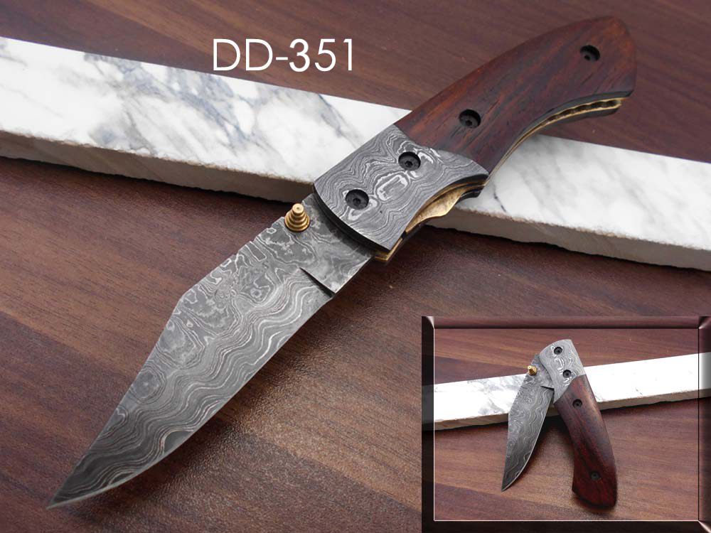 8.5" long hand forged custom made Damascus steel pocket clip folding knife, available in 4 scales options with Damascus Bolster, Comes with Cow hide leather sheath