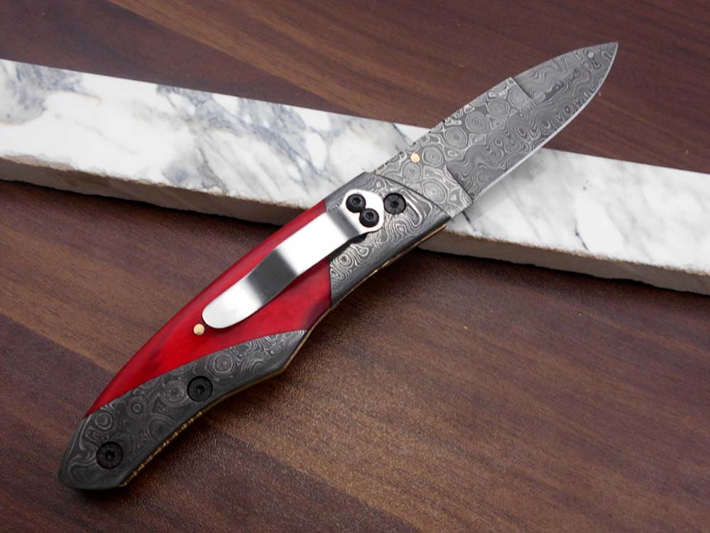 8" long Damascus steel custom made Folding Knife with pocket clip, Available in various scales option with Damascus, 3.5" Damascus steel blade with Liner lock, Includes Cow hide leather sheath
