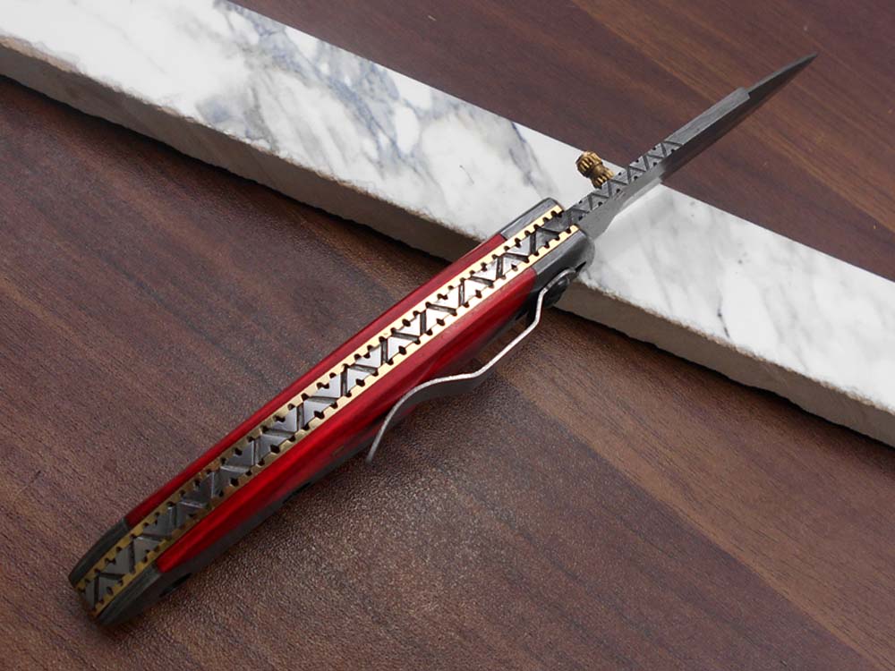 8" long Damascus steel custom made Folding Knife with pocket clip, Available in various scales option with Damascus, 3.5" Damascus steel blade with Liner lock, Includes Cow hide leather sheath