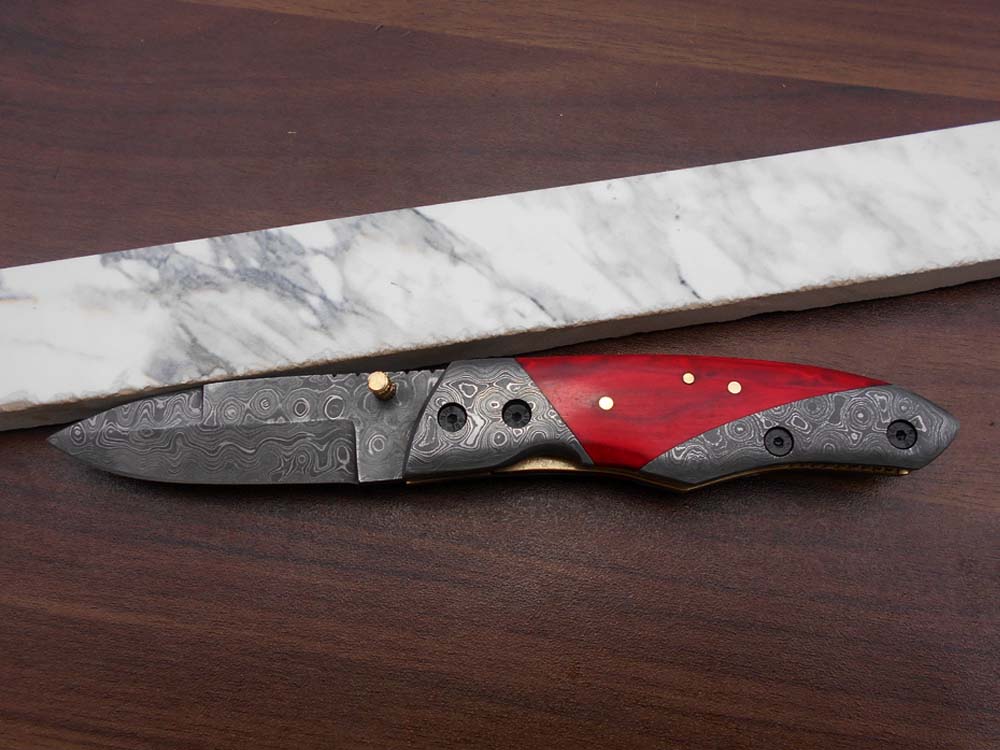 8" long Damascus steel custom made Folding Knife with pocket clip, Available in various scales option with Damascus, 3.5" Damascus steel blade with Liner lock, Includes Cow hide leather sheath