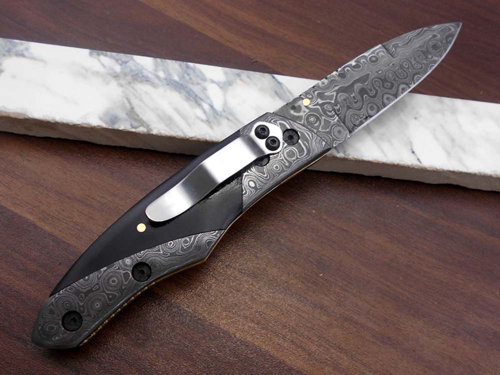 8" long Damascus steel custom made Folding Knife with pocket clip, Available in various scales option with Damascus, 3.5" Damascus steel blade with Liner lock, Includes Cow hide leather sheath