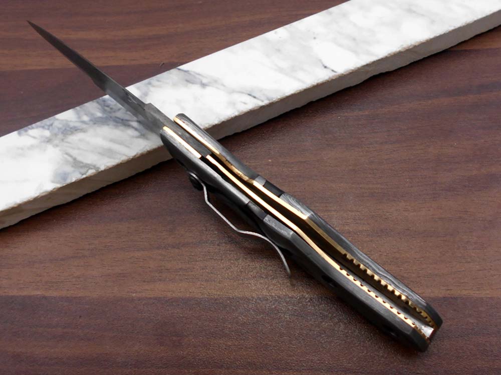 8" long Damascus steel custom made Folding Knife with pocket clip, Available in various scales option with Damascus, 3.5" Damascus steel blade with Liner lock, Includes Cow hide leather sheath