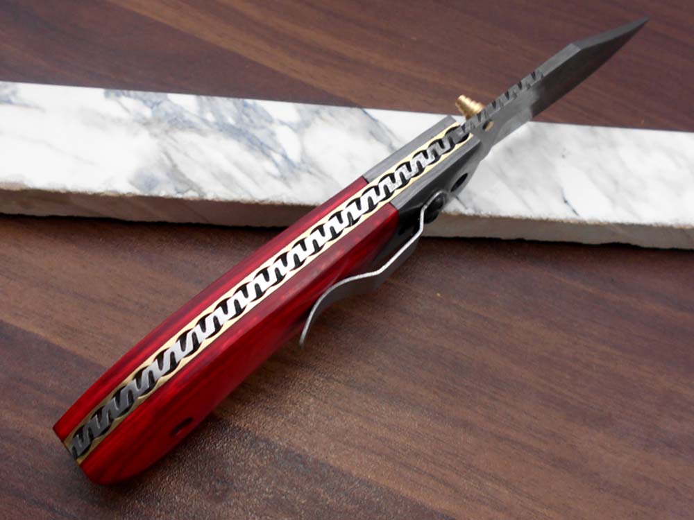 8.5" long hand forged custom made Damascus steel pocket clip folding knife, available in 4 scales options with Damascus Bolster, Comes with Cow hide leather sheath