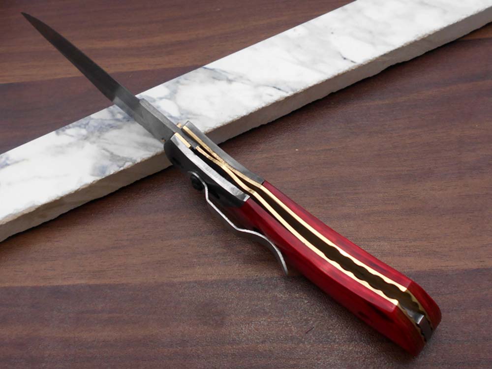 8.5" long hand forged custom made Damascus steel pocket clip folding knife, available in 4 scales options with Damascus Bolster, Comes with Cow hide leather sheath