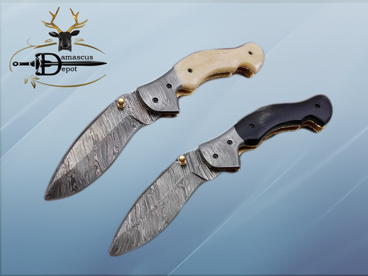 7.5" Folding Knife, 3.5" Legal Hand Forged Twist Pattern Damascus Steel Blade, Black and White Scales Available, Pocket Knife, Liner Lock & Thumb knob Equipped, Cow Hide Leather Sheath