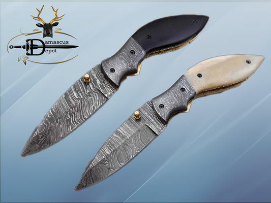 7.5" Folding Knife, 3.5" Legal Hand Forged Twist Pattern Damascus Steel Blade, Black and White Scales Available, Pocket Knife, Liner Lock & Thumb knob Equipped, Cow Hide Leather Sheath