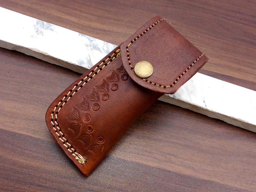 Damascus steel 7.5" long Folding Knife Bull horn with Damascus bolster pocket clip scale, custom made Hand Forged blade cow leather sheath
