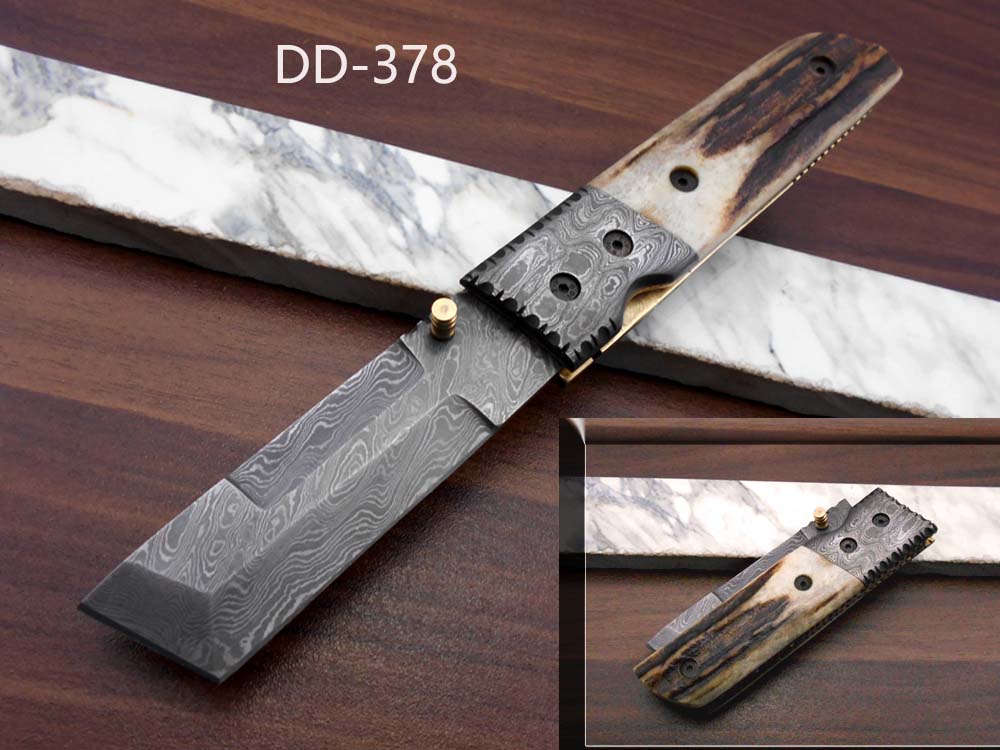 7.5" long Damascus steel Tanto blade folding knife, 6 natural scale with Damascus bolster, cow leather sheath W/ belt loop included