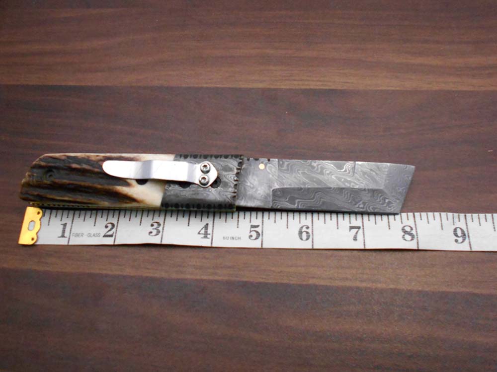 7.5" long Damascus steel Tanto blade folding knife, 6 natural scale with Damascus bolster, cow leather sheath W/ belt loop included