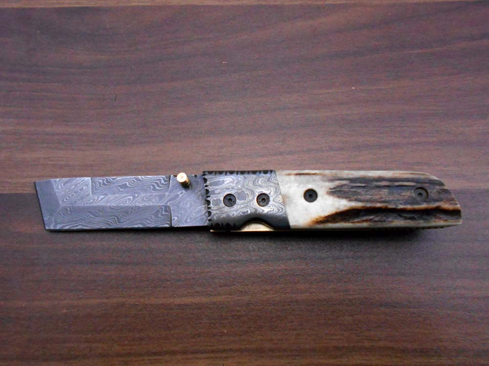7.5" long Damascus steel Tanto blade folding knife, 6 natural scale with Damascus bolster, cow leather sheath W/ belt loop included