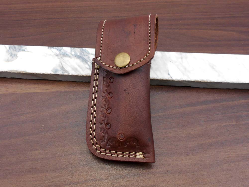 7.5" long Damascus steel Tanto blade folding knife, 6 natural scale with Damascus bolster, cow leather sheath W/ belt loop included