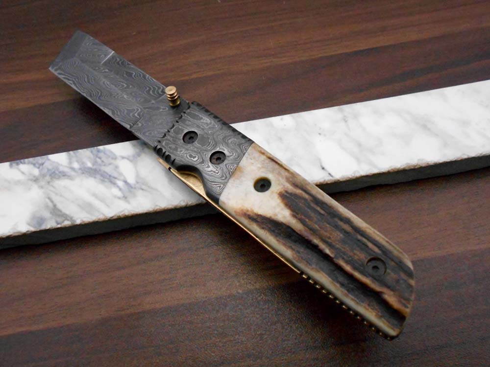 7.5" long Damascus steel Tanto blade folding knife, 6 natural scale with Damascus bolster, cow leather sheath W/ belt loop included