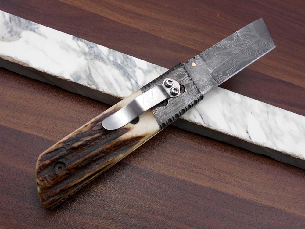 7.5" long Damascus steel Tanto blade folding knife, 6 natural scale with Damascus bolster, cow leather sheath W/ belt loop included