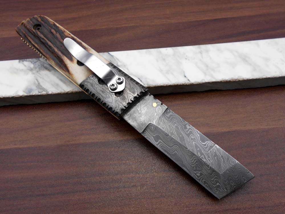 7.5" long Damascus steel Tanto blade folding knife, 6 natural scale with Damascus bolster, cow leather sheath W/ belt loop included