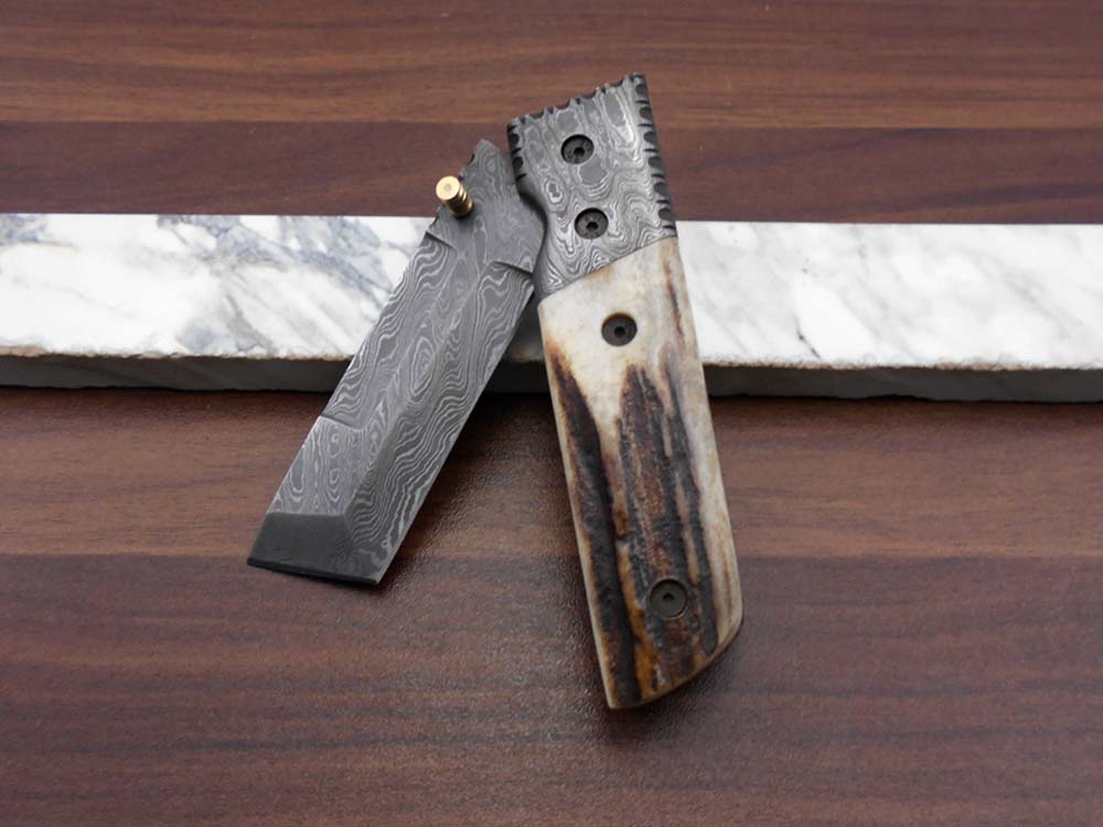 7.5" long Damascus steel Tanto blade folding knife, 6 natural scale with Damascus bolster, cow leather sheath W/ belt loop included