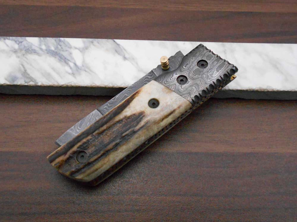 7.5" long Damascus steel Tanto blade folding knife, 6 natural scale with Damascus bolster, cow leather sheath W/ belt loop included