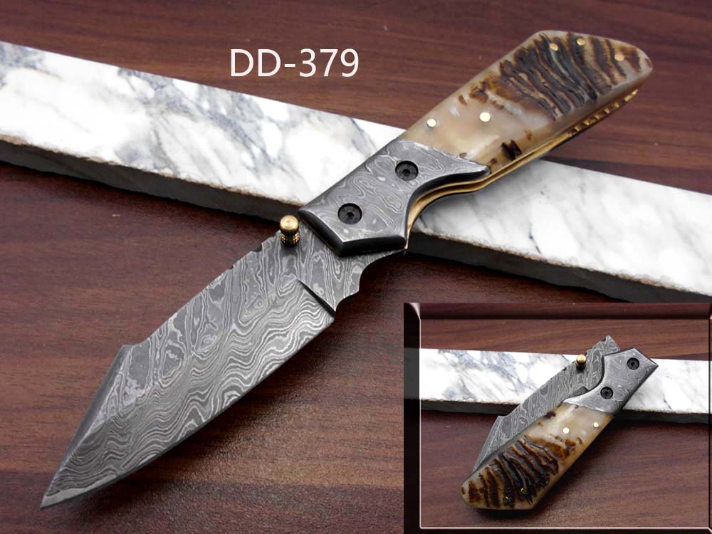 Damascus steel 7.5" long Folding Knife Bull horn with Damascus bolster pocket clip scale, custom made Hand Forged blade cow leather sheath