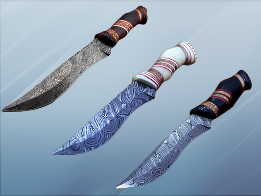 13" Long hand forged Damascus steel skinning knife, Hand carved scale crafted with engraved brass spacer, Available in Camel bone, Walnut wood and bull horn scales, Includes Cow Leather sheath
