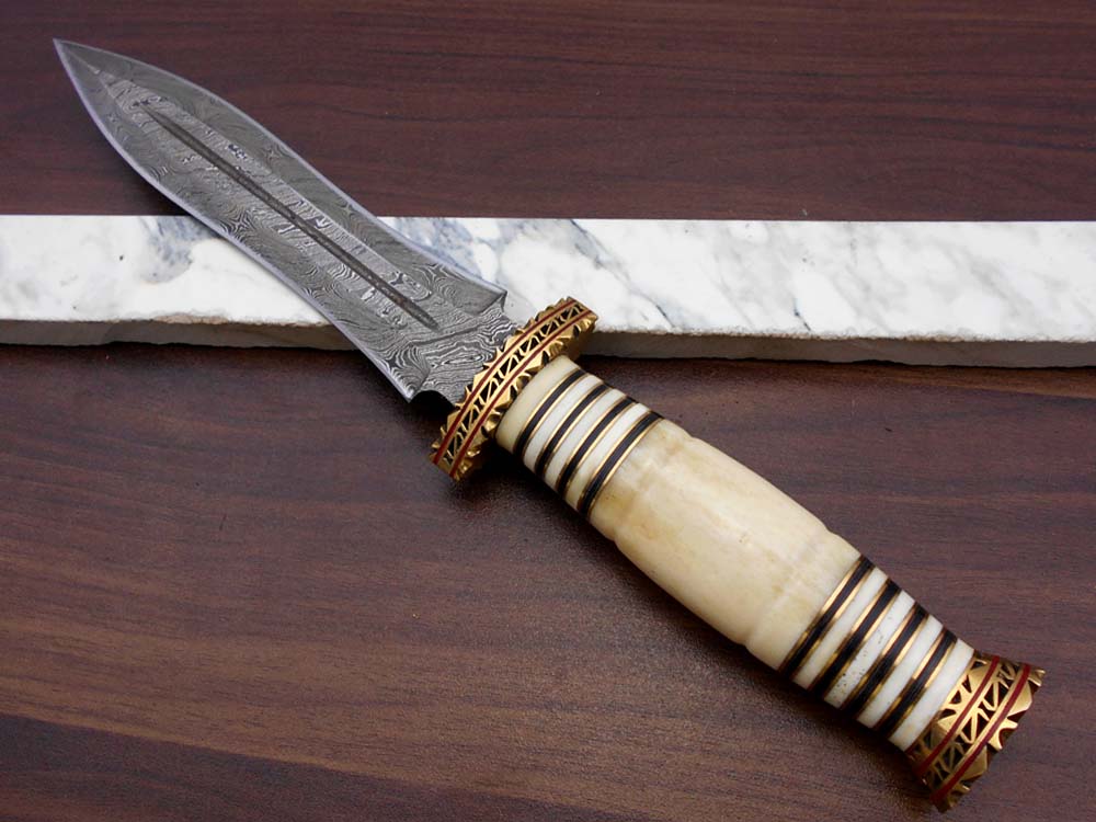 13" Long Damascus Dagger hand forged Knife 7" dual cutting edge exotic Rose wood scale crafted with engraved brass & fiber spacing, sheath