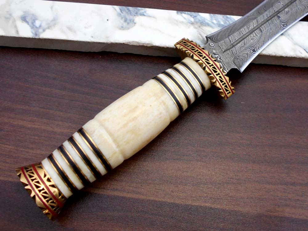 13" Long Damascus Dagger hand forged Knife 7" dual cutting edge exotic Rose wood scale crafted with engraved brass & fiber spacing, sheath