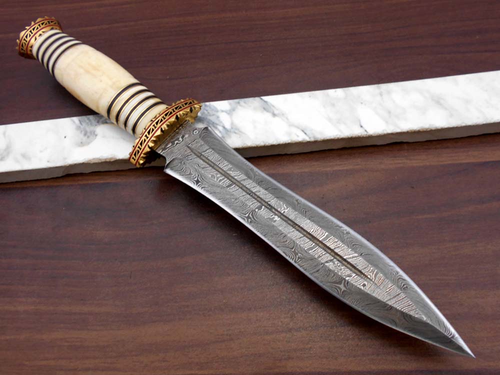 13" Long Damascus Dagger hand forged Knife 7" dual cutting edge exotic Rose wood scale crafted with engraved brass & fiber spacing, sheath