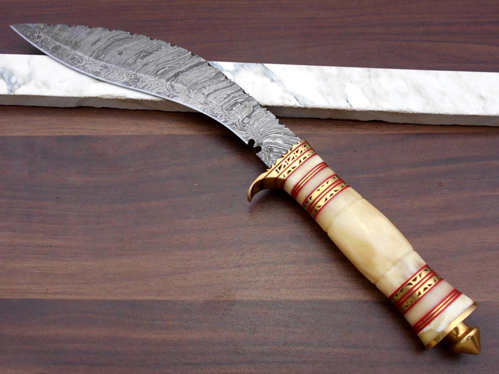 15 Inches long Damascus Steel Kukri Knife, custom made Hand Forged Damascus steel With 10" long blade, Black Bull horn crafted with engraved brass scale, Cow Leather Sheath