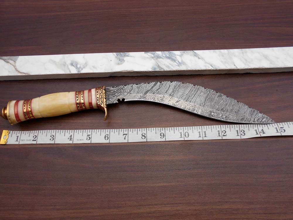 15 Inches long Damascus Steel Kukri Knife, custom made Hand Forged Damascus steel With 10" long blade, Black Bull horn crafted with engraved brass scale, Cow Leather Sheath