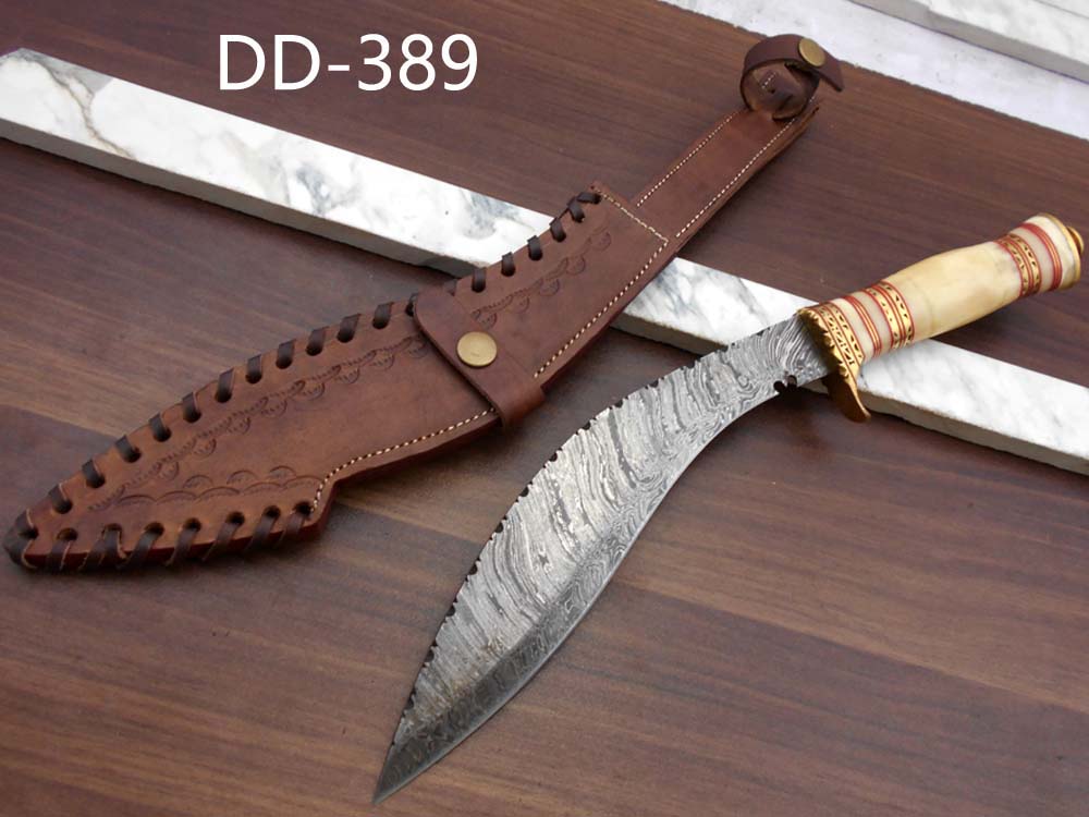 15 Inches long Damascus Steel Kukri Knife, custom made Hand Forged Damascus steel With 10" long blade, Black Bull horn crafted with engraved brass scale, Cow Leather Sheath