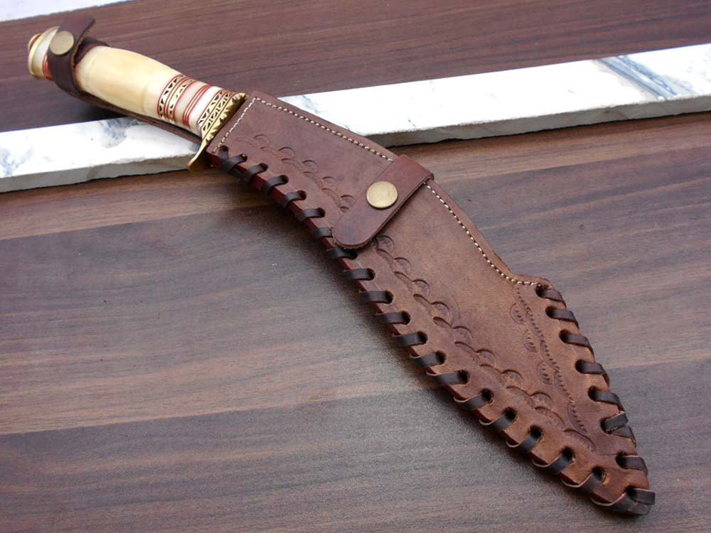 15 Inches long Damascus Steel Kukri Knife, custom made Hand Forged Damascus steel With 10" long blade, Black Bull horn crafted with engraved brass scale, Cow Leather Sheath