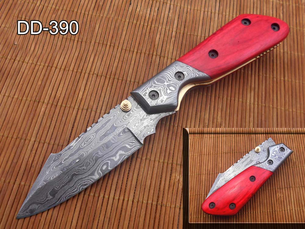 Damascus steel 7.5" long Folding Knife Bull horn with Damascus bolster pocket clip scale, custom made Hand Forged blade cow leather sheath